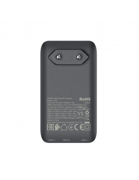 
65 W GaN 2 USB-C USB-A itin plonas plokščias sieninis įkroviklis – juodas
