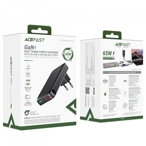 
65 W GaN 2 USB-C USB-A itin plonas plokščias sieninis įkroviklis – juodas
