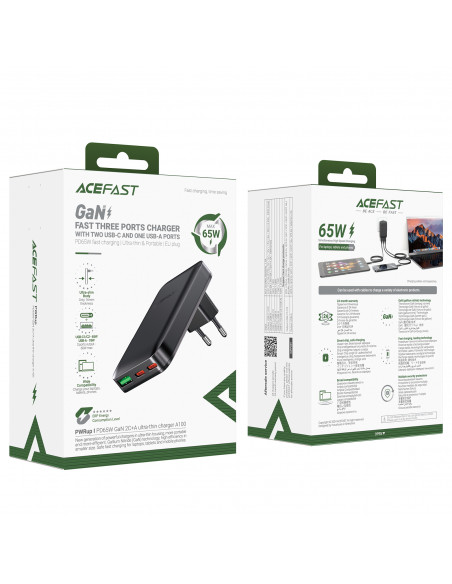 
65 W GaN 2 USB-C USB-A itin plonas plokščias sieninis įkroviklis – juodas
