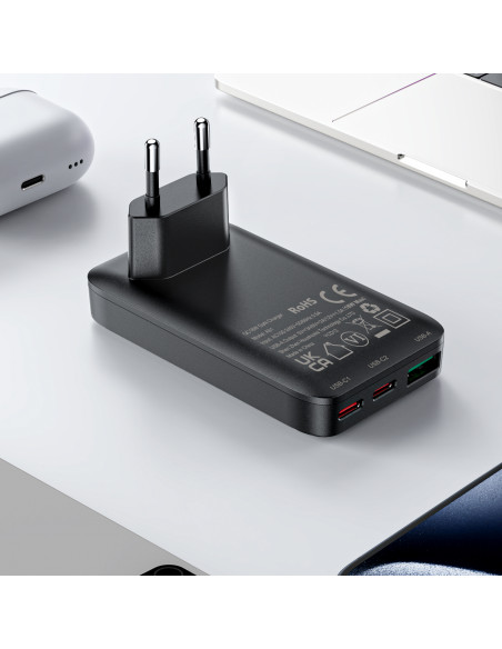 
65 W GaN 2 USB-C USB-A itin plonas plokščias sieninis įkroviklis – juodas
