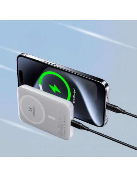 
Magnetinė išorinė baterija 10000 mAh su 25 cm USB-C laidu – balta
