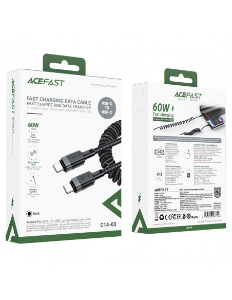 
USB-C spiralinis kabelis - USB-C 480Mb/ s 3A 1.2m - juodas
