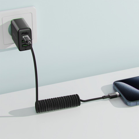 
USB-C spiralinis kabelis - USB-C 480Mb/ s 3A 1.2m - juodas
