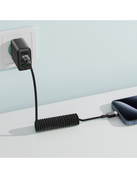 
USB-C spiralinis kabelis - USB-C 480Mb/ s 3A 1.2m - juodas
