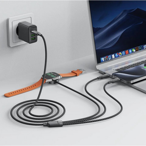 
3in1 laidas USB-C - 2x USB-C / Apple Watch Qi įkroviklis 480Mb/ s 100W 1.2m - juodas
