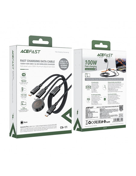 
3in1 laidas USB-C - 2x USB-C / Apple Watch Qi įkroviklis 480Mb/ s 100W 1.2m - juodas
