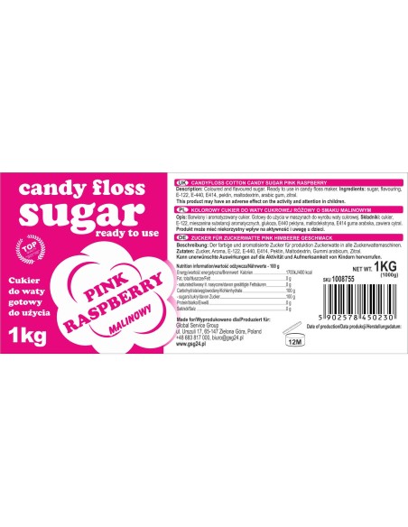 Spalvingas cukraus vatos rožinės spalvos aviečių skonio cukrus 1kg Spalvingas cukraus vatos rožinės spalvos aviečių skonio cukrus 1kg