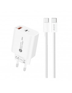 
20 W USB-A USB-C sieninis įkroviklis su 1 m USB-C laidu – baltas
