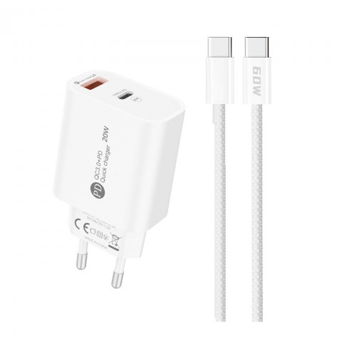 
20 W USB-A USB-C sieninis įkroviklis su 1 m USB-C laidu – baltas
