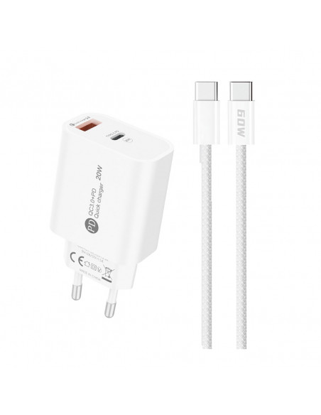 
20 W USB-A USB-C sieninis įkroviklis su 1 m USB-C laidu – baltas

