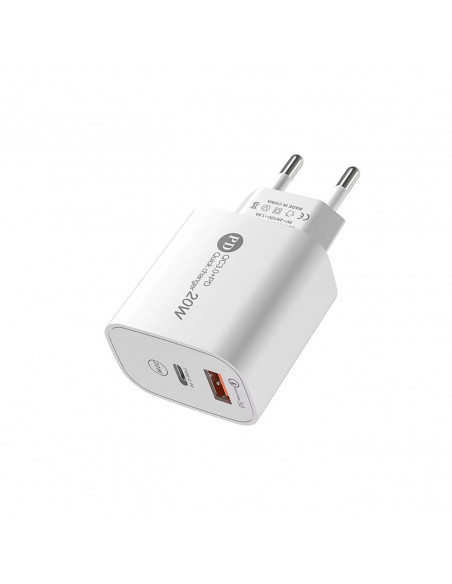 
20 W USB-A USB-C sieninis įkroviklis su 1 m USB-C laidu – baltas
