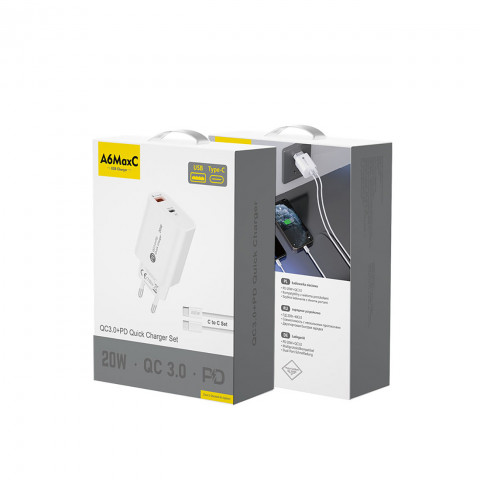 
20 W USB-A USB-C sieninis įkroviklis su 1 m USB-C laidu – baltas
