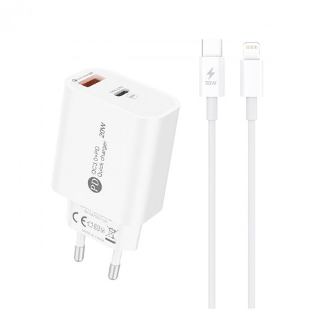 
20 W USB-A USB-C sieninis įkroviklis su 1 m USB-C laidu – „iPhone Lightning“ – baltas
