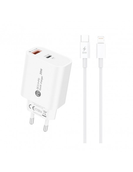 
20 W USB-A USB-C sieninis įkroviklis su 1 m USB-C laidu – „iPhone Lightning“ – baltas
