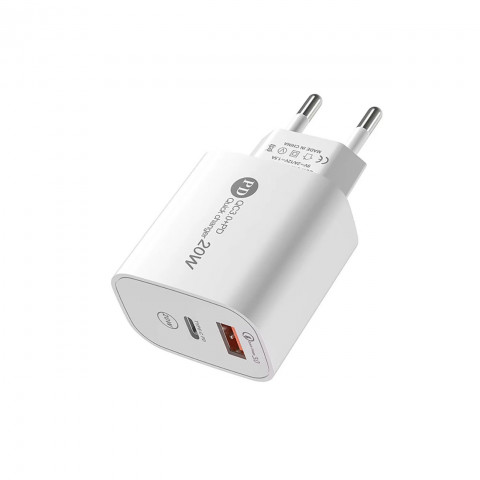 
20 W USB-A USB-C sieninis įkroviklis su 1 m USB-C laidu – „iPhone Lightning“ – baltas
