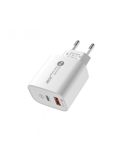 
20 W USB-A USB-C sieninis įkroviklis su 1 m USB-C laidu – „iPhone Lightning“ – baltas
