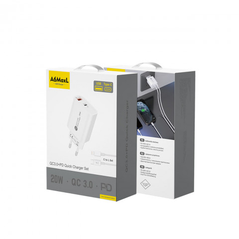 
20 W USB-A USB-C sieninis įkroviklis su 1 m USB-C laidu – „iPhone Lightning“ – baltas
