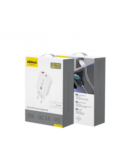 
20 W USB-A USB-C sieninis įkroviklis su 1 m USB-C laidu – „iPhone Lightning“ – baltas
