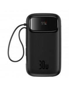 
„QPow 2“ 20000mAh 30W išorinė baterija su 2 integruotais USB-C laidais – juoda
