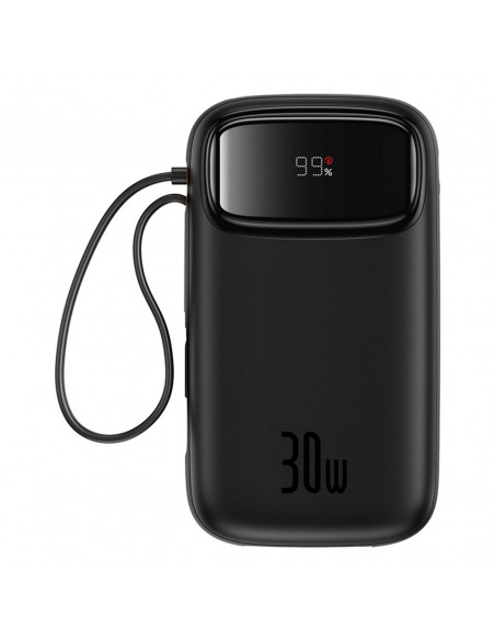 
„QPow 2“ 20000mAh 30W išorinė baterija su 2 integruotais USB-C laidais – juoda
