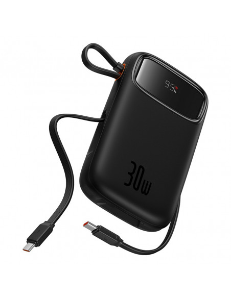 
„QPow 2“ 20000mAh 30W išorinė baterija su 2 integruotais USB-C laidais – juoda
