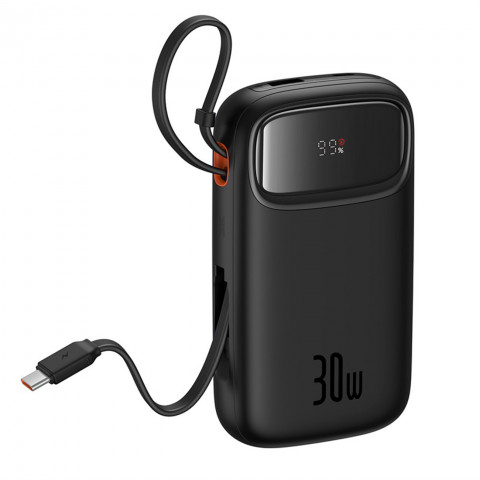 
„QPow 2“ 20000mAh 30W išorinė baterija su 2 integruotais USB-C laidais – juoda
