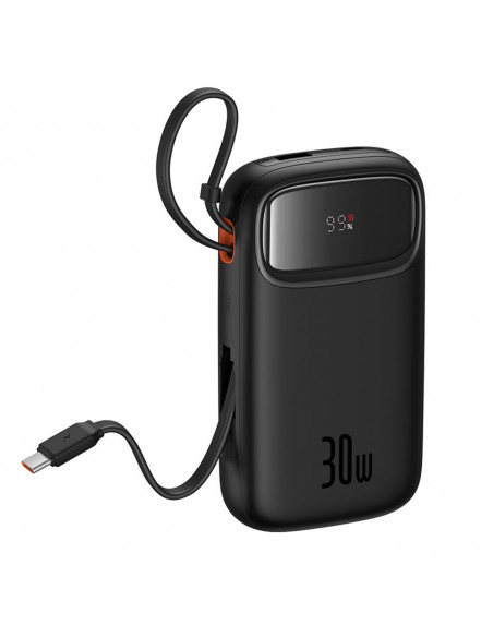 
„QPow 2“ 20000mAh 30W išorinė baterija su 2 integruotais USB-C laidais – juoda
