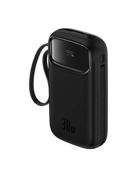 
„QPow 2“ 20000mAh 30W išorinė baterija su 2 integruotais USB-C laidais – juoda
