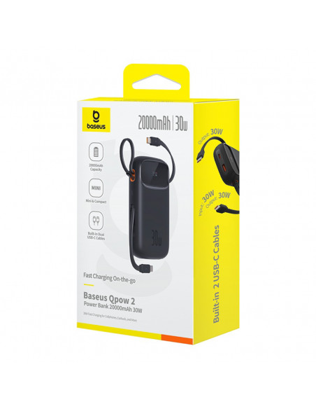 
„QPow 2“ 20000mAh 30W išorinė baterija su 2 integruotais USB-C laidais – juoda
