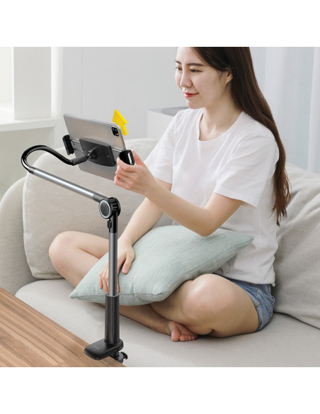 
Otaku telefono laikiklis, reguliuojamas besisukantis planšetinis kompiuteris, tvirtinamas prie stalo - pilkas
