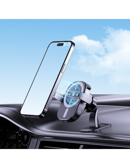 
Automobilinis telefono laikiklis su indukciniu įkrovikliu, skirtas prietaisų skydelio grotelėms, 15 W - juodas
