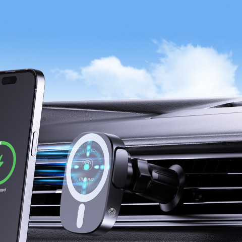 
Automobilinis telefono laikiklis su indukciniu įkrovikliu, skirtas prietaisų skydelio grotelėms, 15 W - juodas
