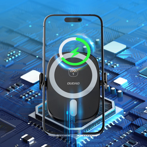 
Automobilinis telefono laikiklis su indukciniu įkrovikliu, skirtas prietaisų skydelio grotelėms, 15 W - juodas
