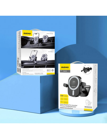 
Automobilinis telefono laikiklis su indukciniu įkrovikliu, skirtas prietaisų skydelio grotelėms, 15 W - juodas
