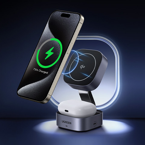 
3in1 „MagSafe Qi2 USB-C“ belaidis įkroviklis telefonui ir ausinėms – juodas
