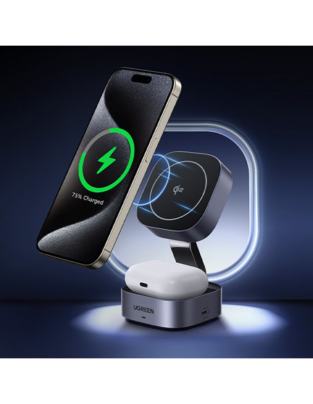 
3in1 „MagSafe Qi2 USB-C“ belaidis įkroviklis telefonui ir ausinėms – juodas
