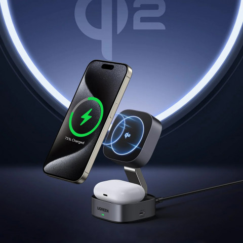 
3in1 „MagSafe Qi2 USB-C“ belaidis įkroviklis telefonui ir ausinėms – juodas
