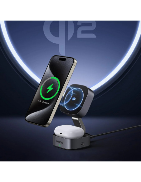 
3in1 „MagSafe Qi2 USB-C“ belaidis įkroviklis telefonui ir ausinėms – juodas
