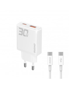 
„GaN“ 30 W USB-A - USB-C sieninis įkroviklis su USB-C laidu - baltas
