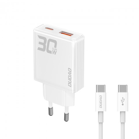 
„GaN“ 30 W USB-A - USB-C sieninis įkroviklis su USB-C laidu - baltas
