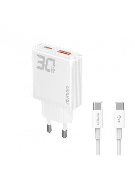 
„GaN“ 30 W USB-A - USB-C sieninis įkroviklis su USB-C laidu - baltas
