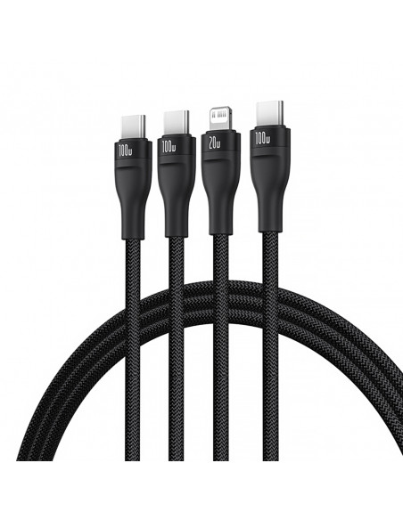 
3in1 „Flash Series 3“ 100 W USB-C laidas – 2 x USB-C iPhone „Lightning“ 1,5 m – juodas
