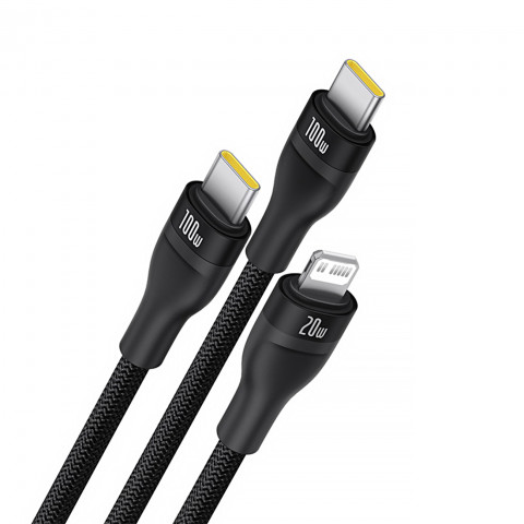 
3in1 „Flash Series 3“ 100 W USB-C laidas – 2 x USB-C iPhone „Lightning“ 1,5 m – juodas
