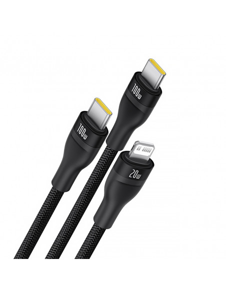 
3in1 „Flash Series 3“ 100 W USB-C laidas – 2 x USB-C iPhone „Lightning“ 1,5 m – juodas
