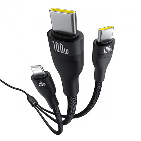 
3in1 „Flash Series 3“ 100 W USB-C laidas – 2 x USB-C iPhone „Lightning“ 1,5 m – juodas
