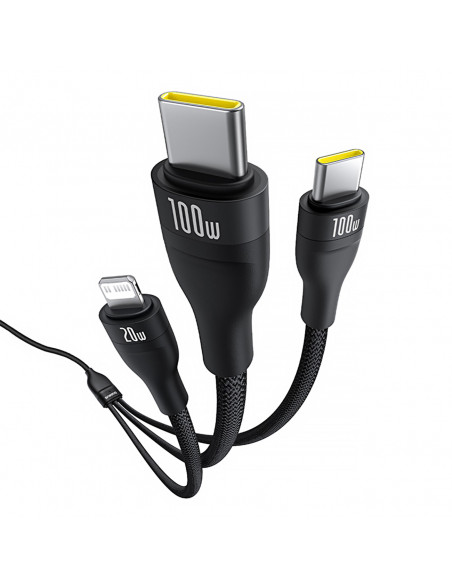 
3in1 „Flash Series 3“ 100 W USB-C laidas – 2 x USB-C iPhone „Lightning“ 1,5 m – juodas
