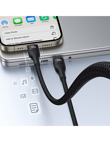 
3in1 „Flash Series 3“ 100 W USB-C laidas – 2 x USB-C iPhone „Lightning“ 1,5 m – juodas
