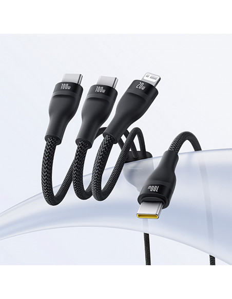 
3in1 „Flash Series 3“ 100 W USB-C laidas – 2 x USB-C iPhone „Lightning“ 1,5 m – juodas
