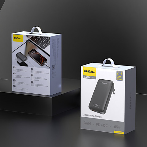 
Itin plonas GaN kelioninis sieninis įkroviklis 65 W USB-A USB-C PD ES/ JAV – juodas
