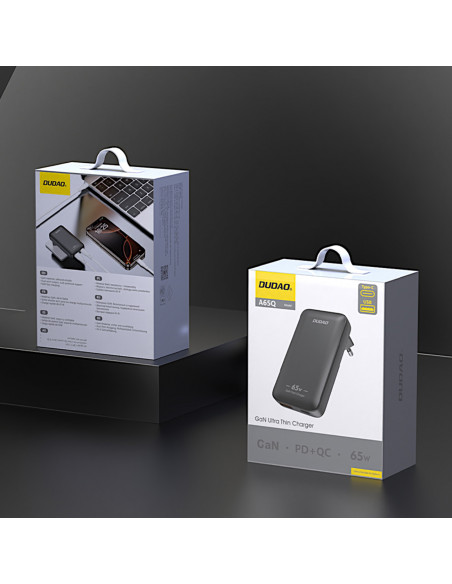 
Itin plonas GaN kelioninis sieninis įkroviklis 65 W USB-A USB-C PD ES/ JAV – juodas
